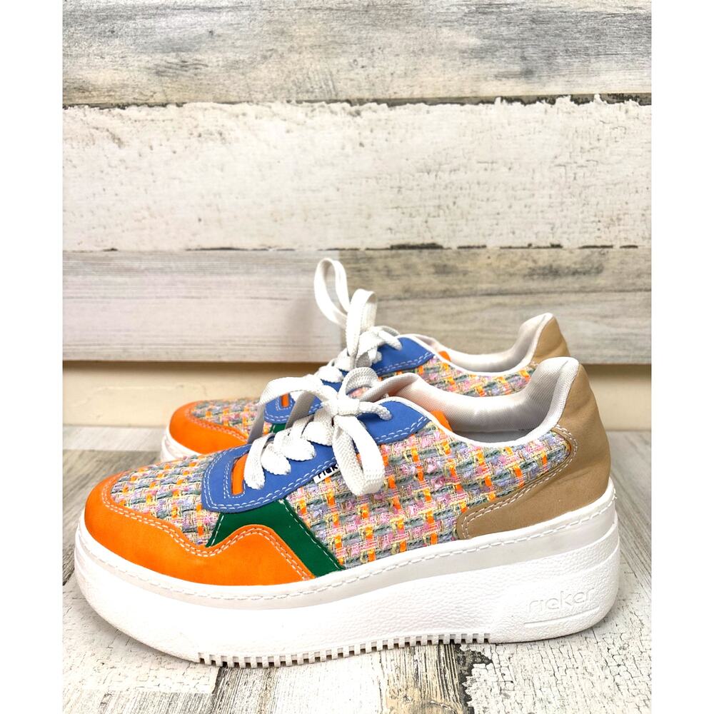Rieker Womens 8 Jessy 12 Platform Sneakers Tweed Lace Up Orange Multi  Trendy